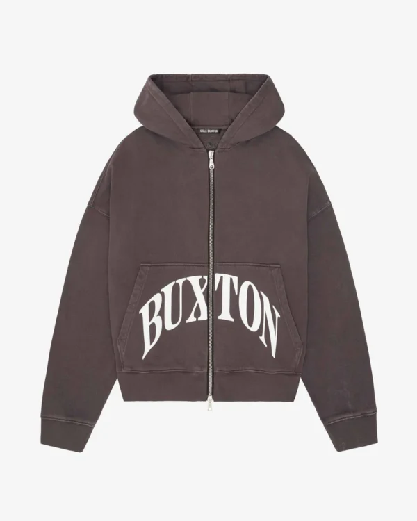 HEAVYWEIGHT CROPPED LOGO ZIP BROWN HOODIE